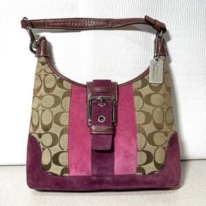 COACH Soho Hampton Y2K Shoulder Handbag Pink Suede Leather Trim "C" jacquard